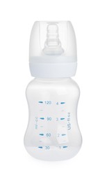 Empty feeding bottle for baby milk isolated on white