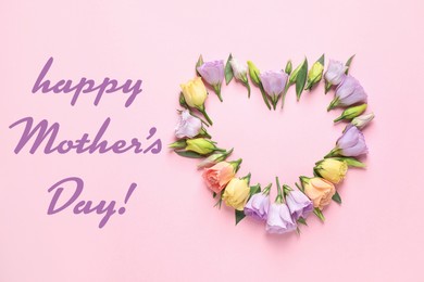 Image of Happy Mother's Day. Flat lay composition with beautiful eustoma flowers on pink background