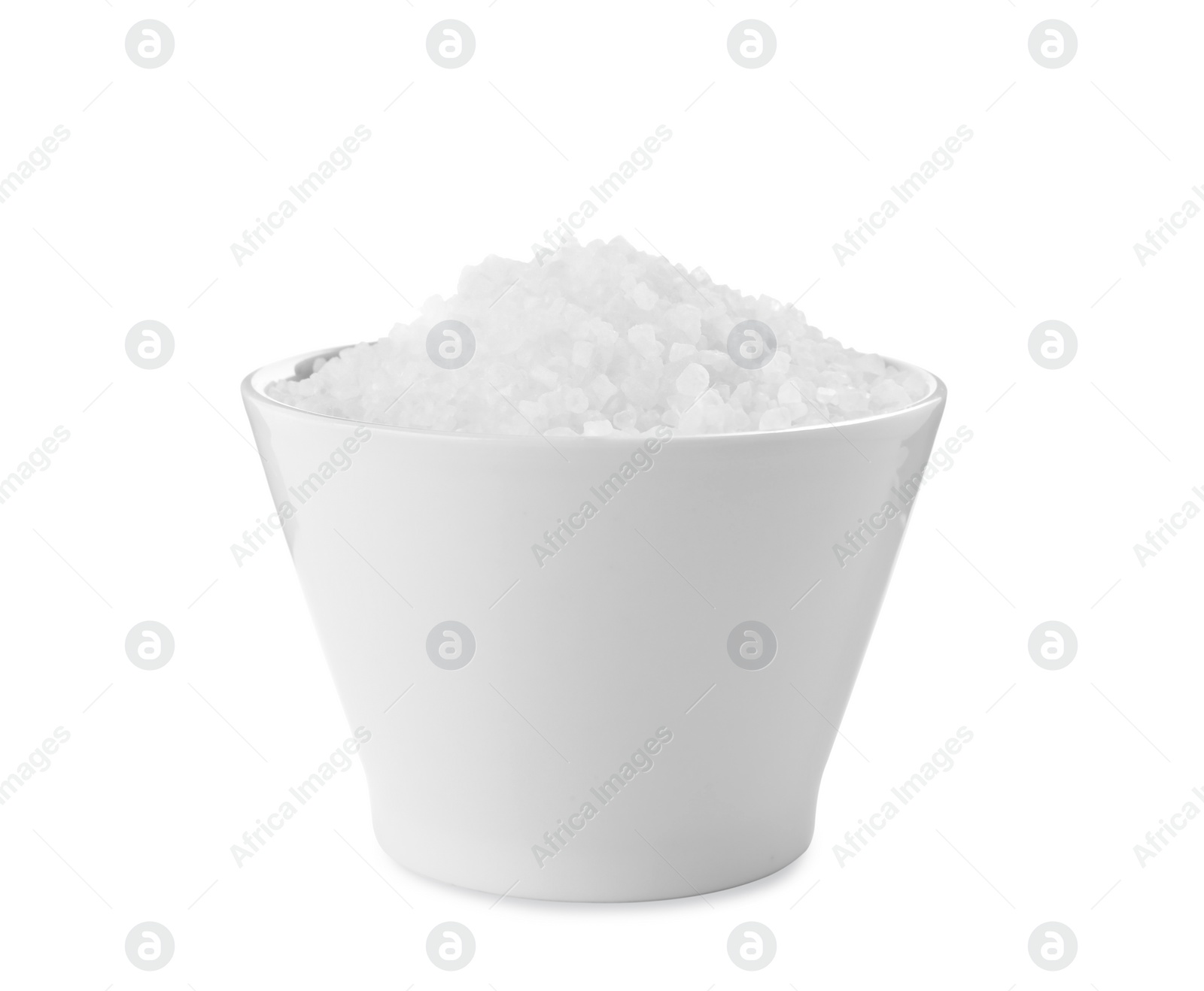 Photo of Ceramic bowl with natural sea salt isolated on white