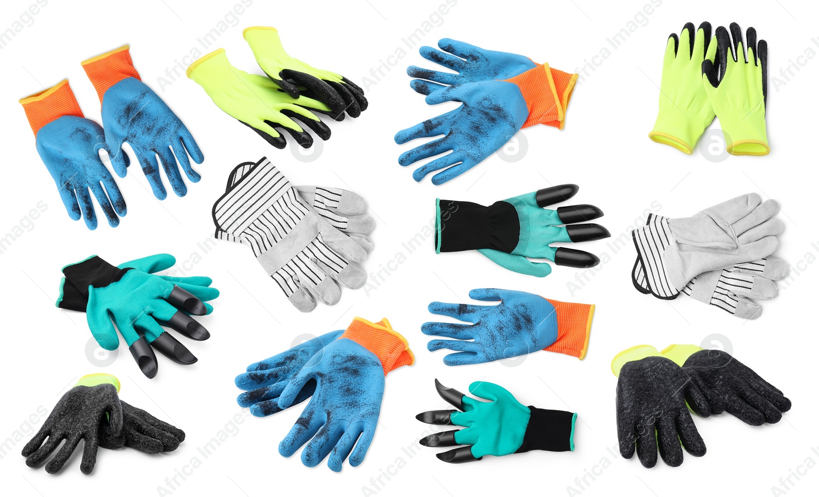 Image of Different gardening gloves isolated on white, set