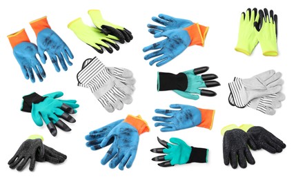 Image of Different gardening gloves isolated on white, set