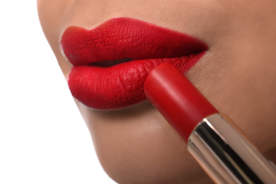 Woman with red lipstick on white background, closeup