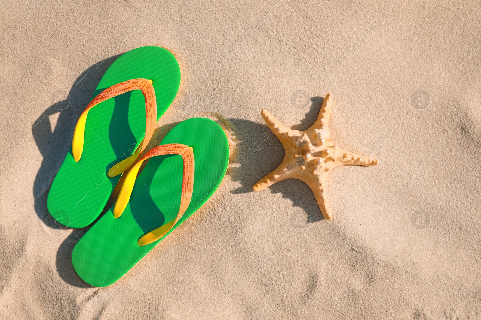 Photo of Stylish flip flops and starfish on beach, flat lay