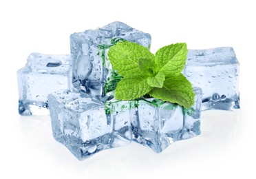 Green mint and ice cubes isolated on white