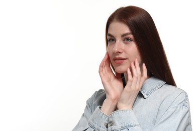 Photo of Portrait of beautiful woman with freckles on white background