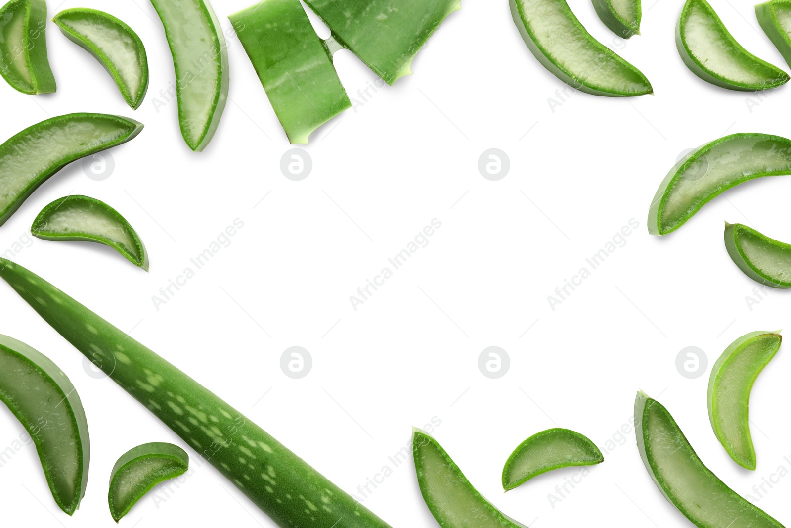 Photo of Frame made of fresh aloe vera pieces isolated on white, top view