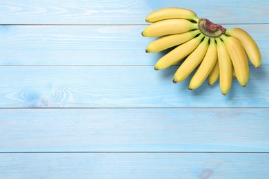 Photo of Bunch of ripe baby bananas on light blue wooden table, top view. Space for text