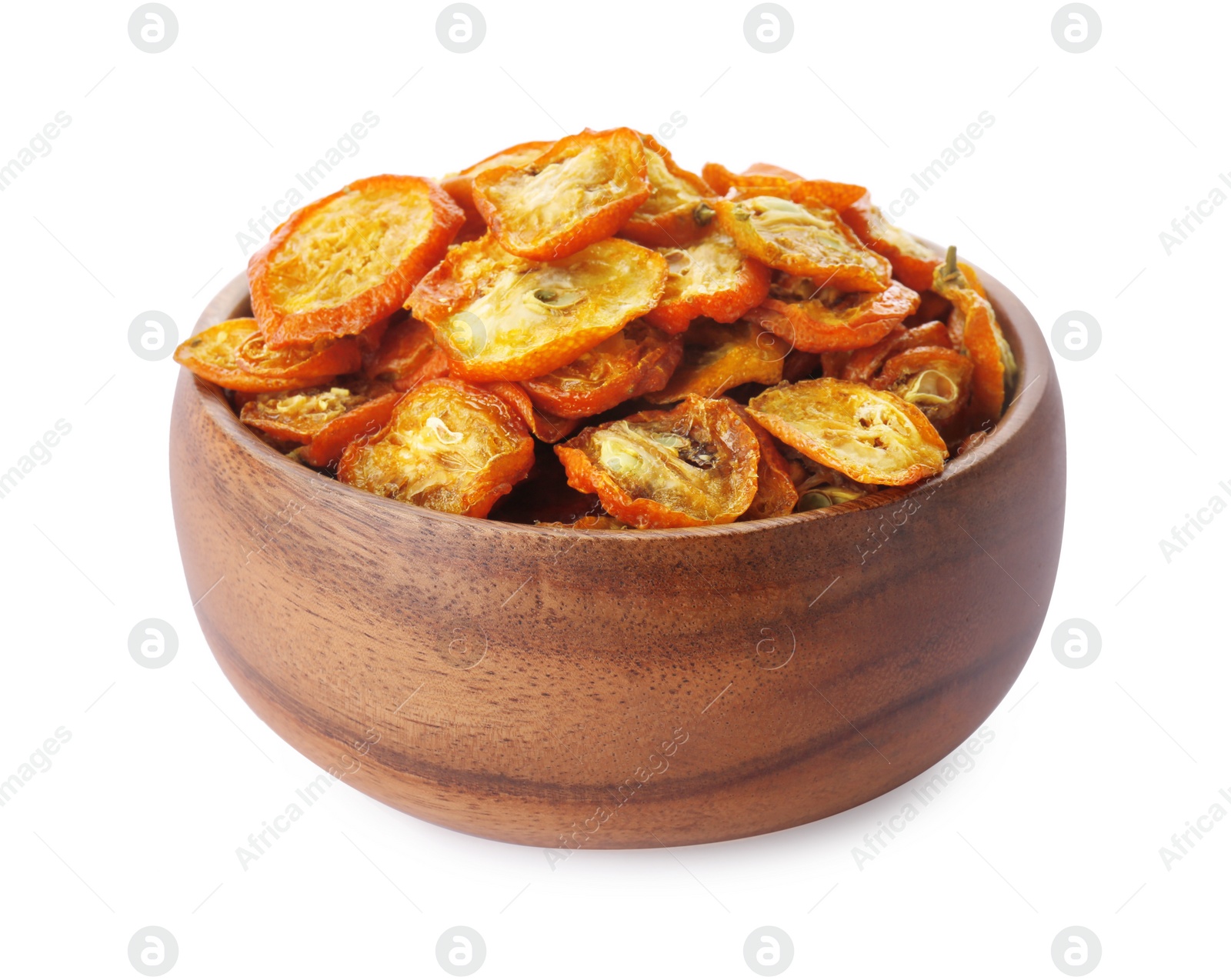 Photo of Wooden bowl of cut dried kumquat fruits isolated on white