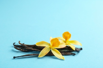 Photo of Vanilla sticks and flowers on blue background, closeup. Space for text