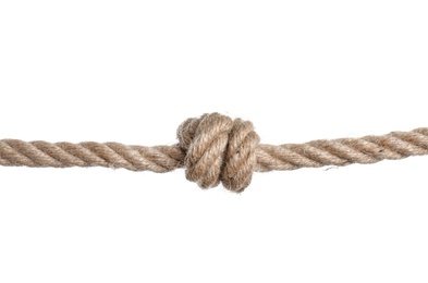 Photo of Cotton rope with knot on white background