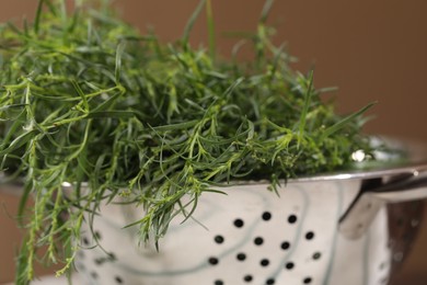 Photo of Fresh tarragon leaves in metal colander, closeup