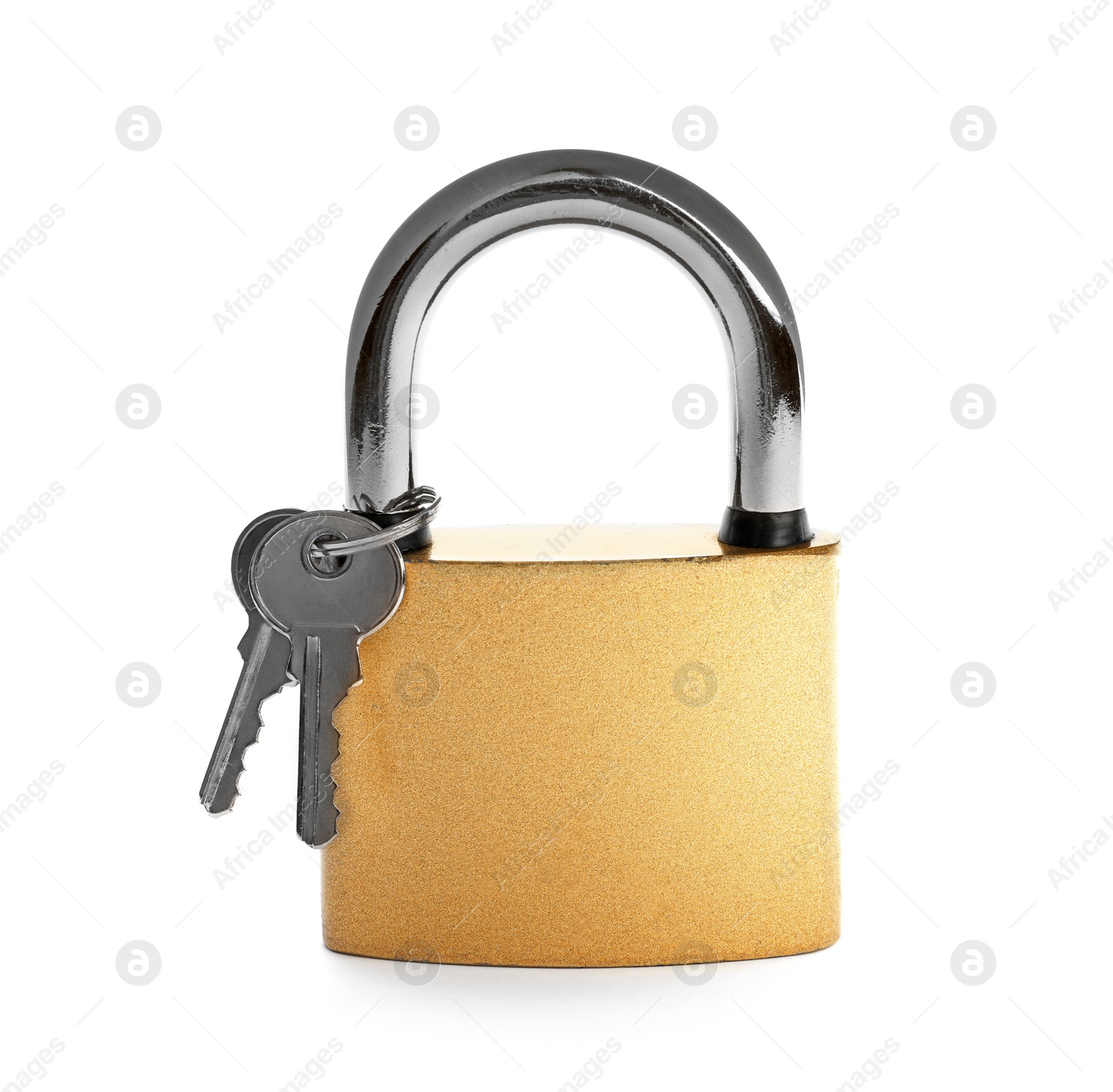Photo of Steel padlock and keys isolated on white. Safety concept