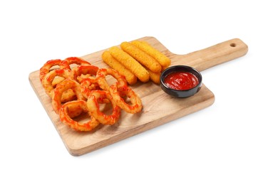 Photo of Tasty fried onion rings, cheese sticks and ketchup isolated on white
