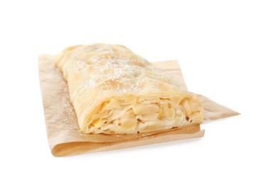 Photo of Delicious apple strudel with powdered sugar isolated on white