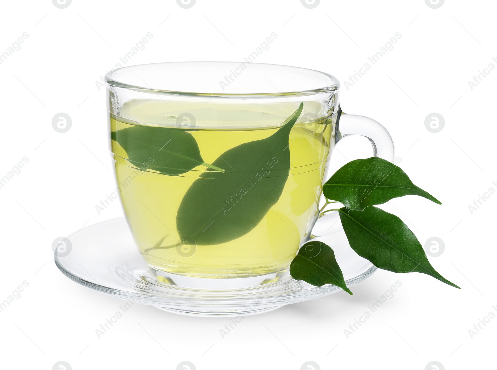 Photo of Fresh green tea in glass cup, leaves and saucer isolated on white