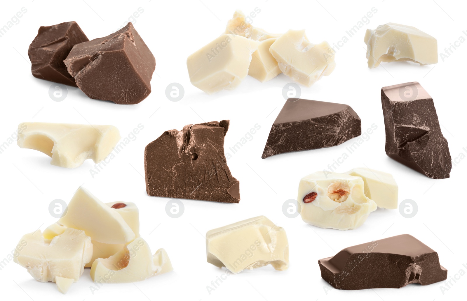 Image of Set with delicious chocolate chunks on white background