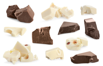 Image of Set with delicious chocolate chunks on white background