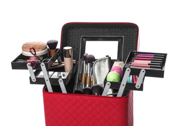 Stylish case with makeup products and beauty accessories on white background