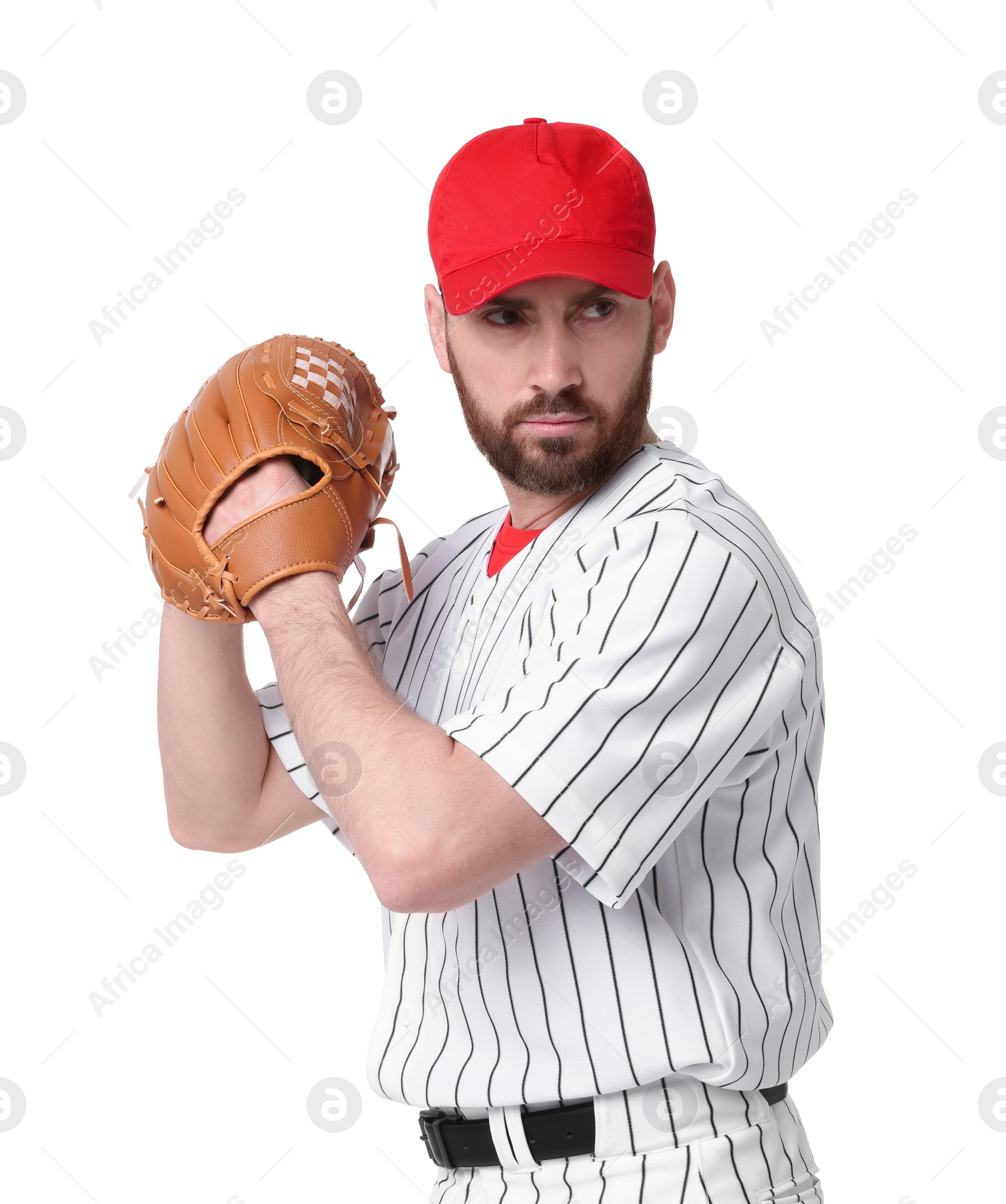 Photo of Baseball player with leather glove on white background