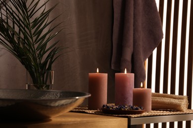 Beautiful composition with different spa products on table indoors