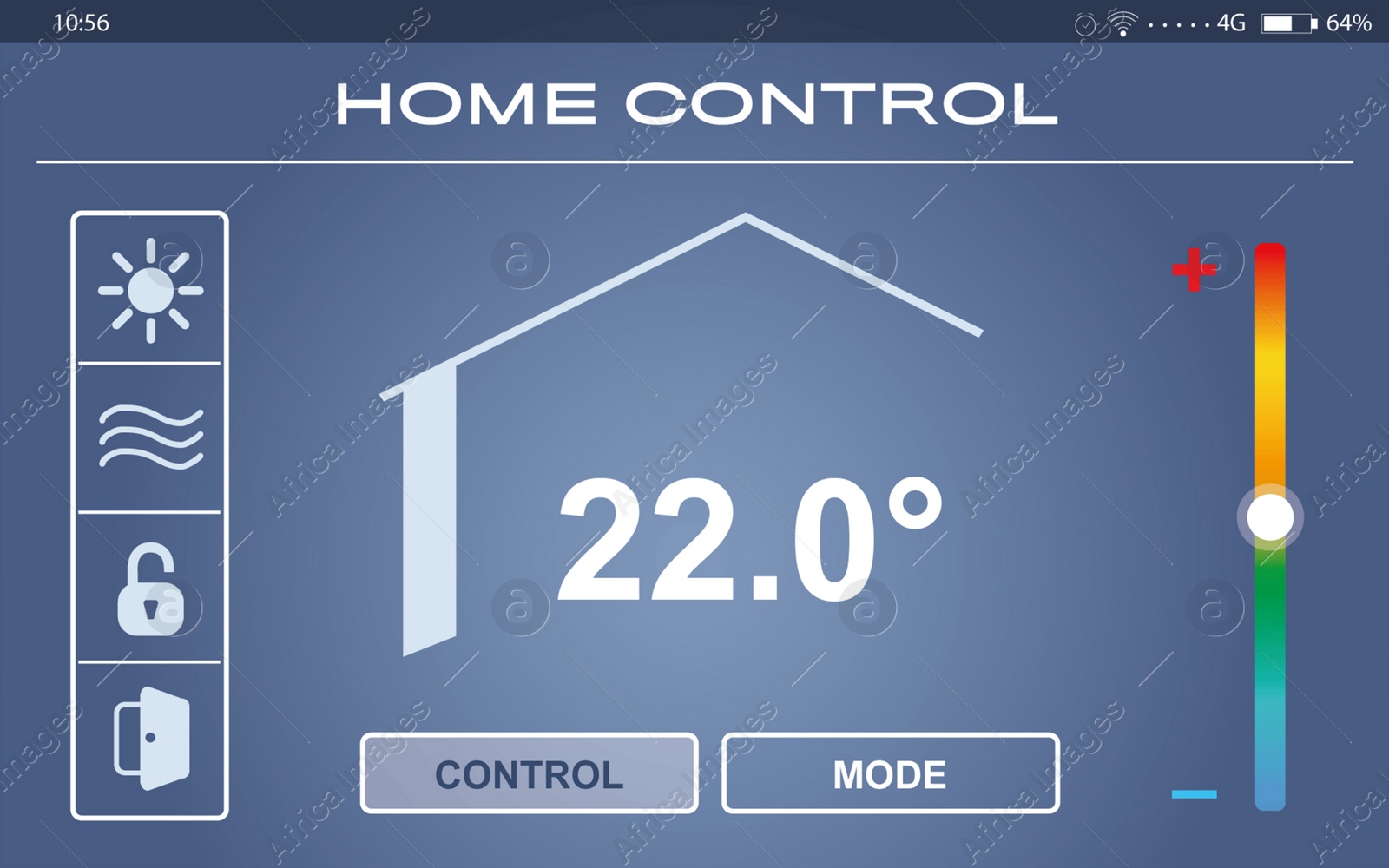 Energy efficiency home control system. Application displaying indoor temperature and other settings Illustration of Energy efficiency home control system. Application displaying indoor temperature and other settings