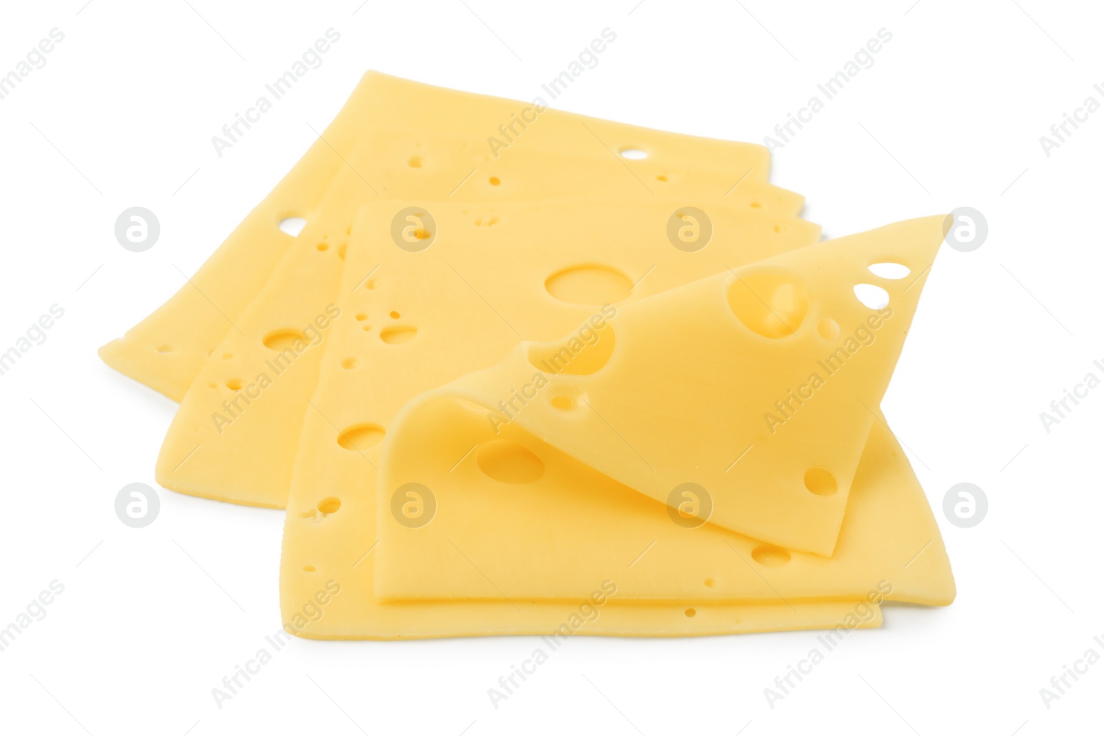 Photo of Slices of tasty fresh cheese isolated on white