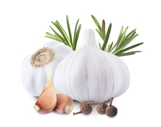 Image of Fresh garlic with rosemary and allspice on white background