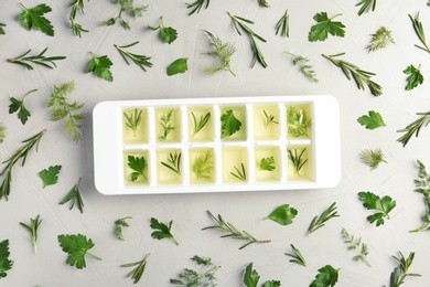 Photo of Flat lay composition with ice cube tray and different herbs on grey background