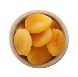 Photo of Ceramic bowl with tasty dried apricots isolated on white, top view