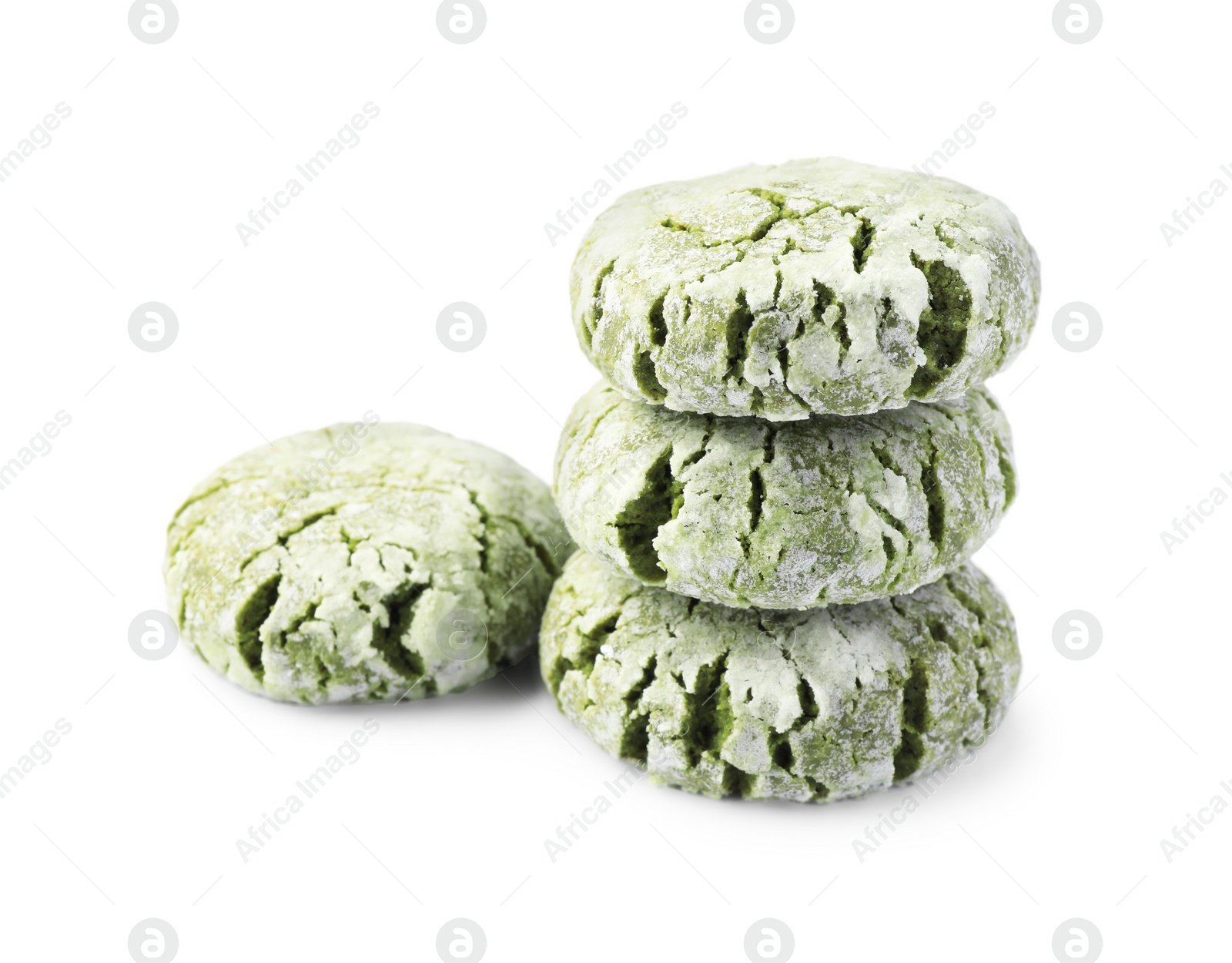 Photo of Many tasty matcha cookies on white background