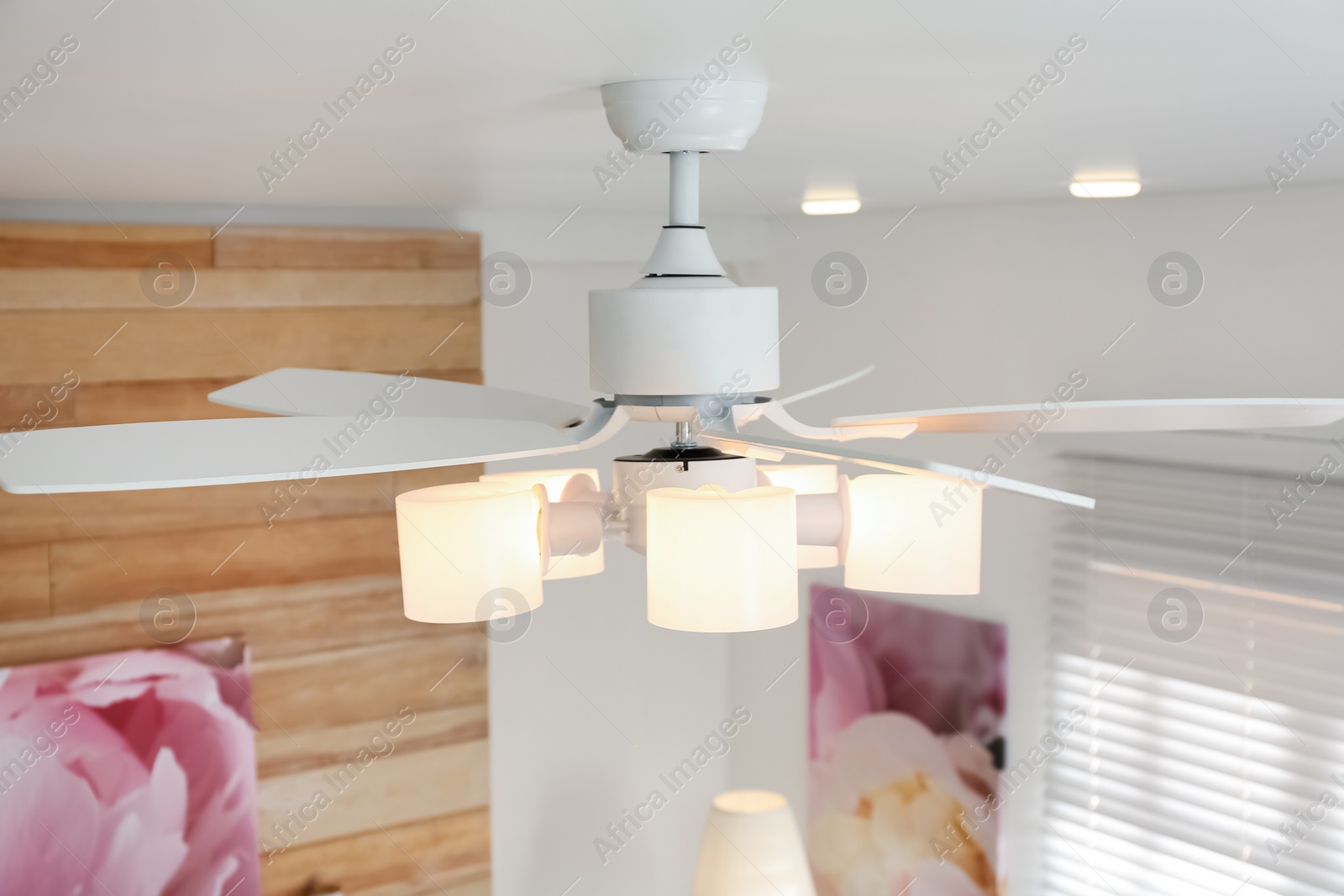 Photo of Modern ceiling fan with lamps indoors. Interior element