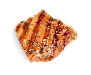 Photo of Piece of tasty grilled salmon on white background, top view