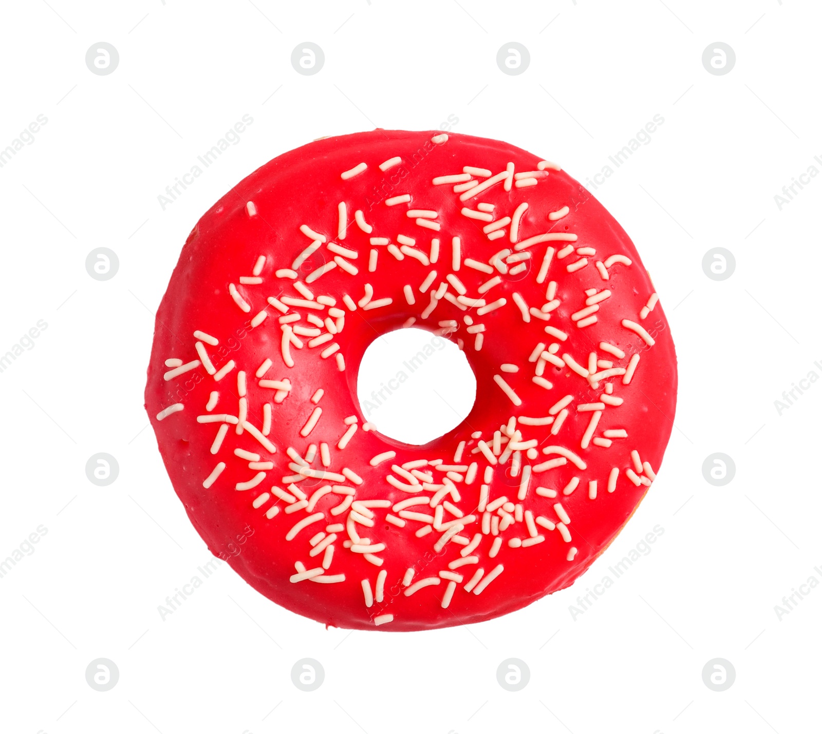 Photo of Delicious glazed doughnut with sprinkles on white background