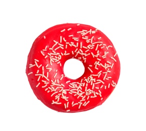 Delicious glazed doughnut with sprinkles on white background