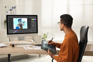 Image of Animator using graphic tablet and computer. Illustration on screens