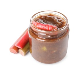Photo of Jar of tasty rhubarb jam and cut stems on white background