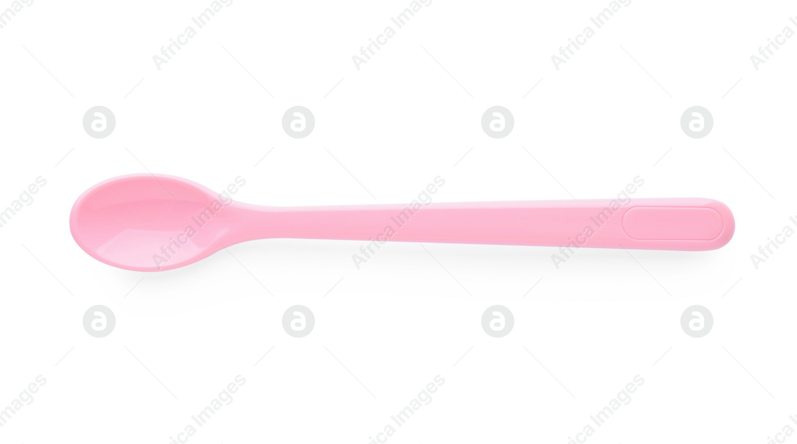 Photo of Plastic spoon isolated on white, top view. Serving baby food