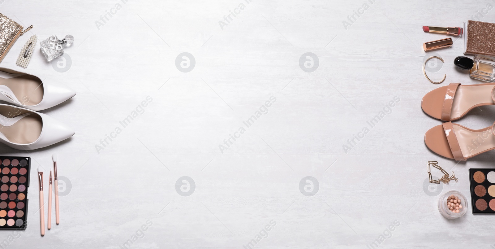 Photo of Cosmetic products and accessories on white background, flat lay. Space for text