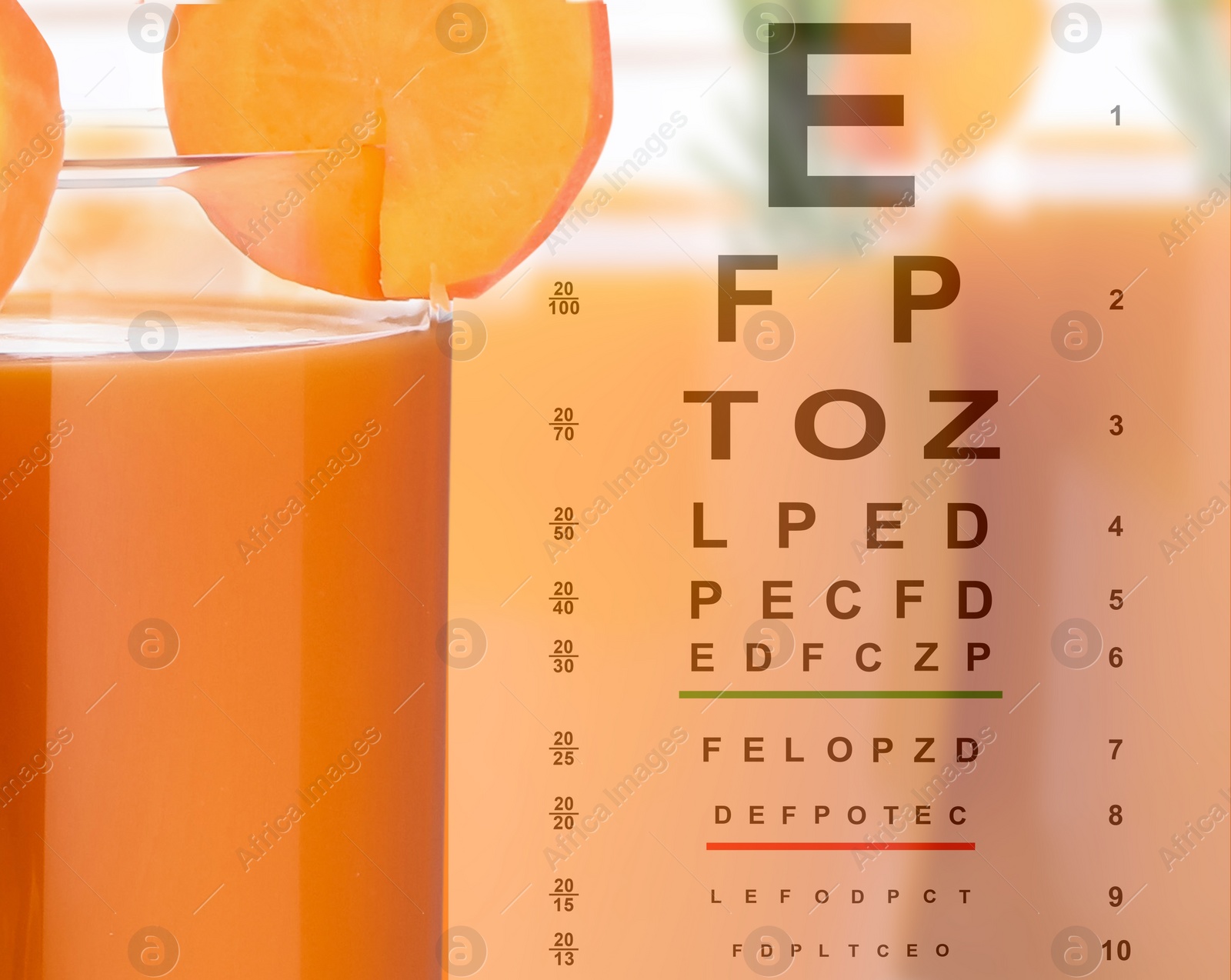Image of Improving eyesight. Vision test chart and glasses of carrot juice, double exposure