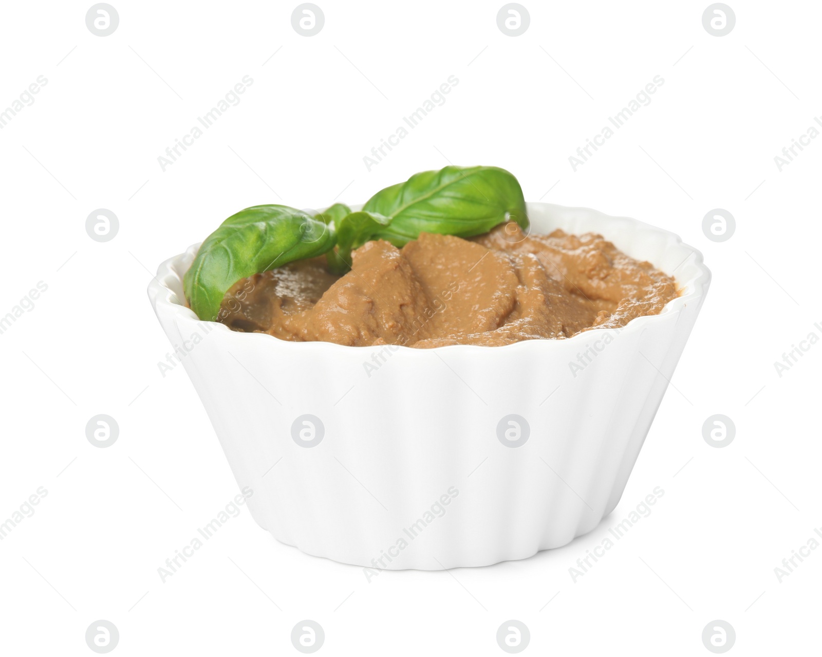 Photo of Bowl with delicious meat pate and basil isolated on white