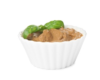 Bowl with delicious meat pate and basil isolated on white