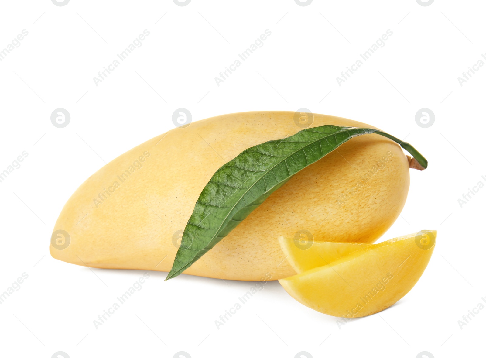 Photo of Fresh juicy mango and leaf isolated on white