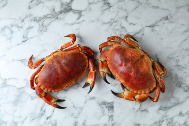 Photo of Delicious boiled crabs on white marble table, top view