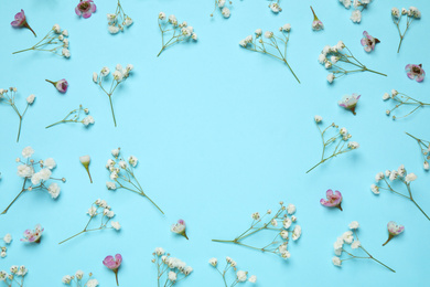 Frame made of beautiful flowers on light blue background, flat lay with space for text. Floral composition