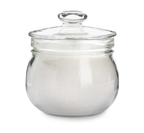 Granulated sugar in glass jar isolated on white