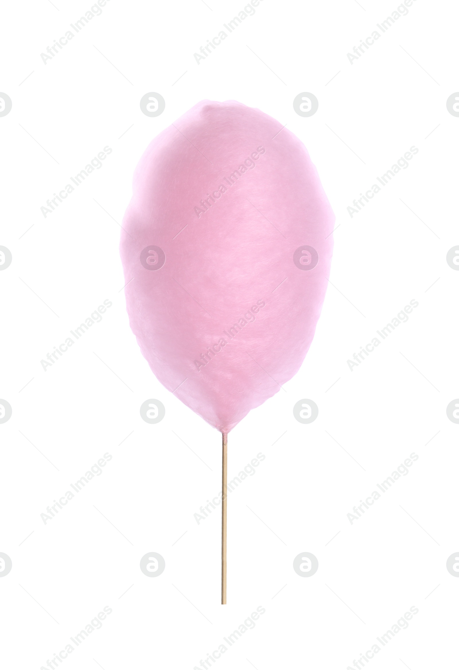 Photo of Young woman holding pink cotton candy on white background, closeup