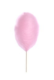 Photo of Young woman holding pink cotton candy on white background, closeup