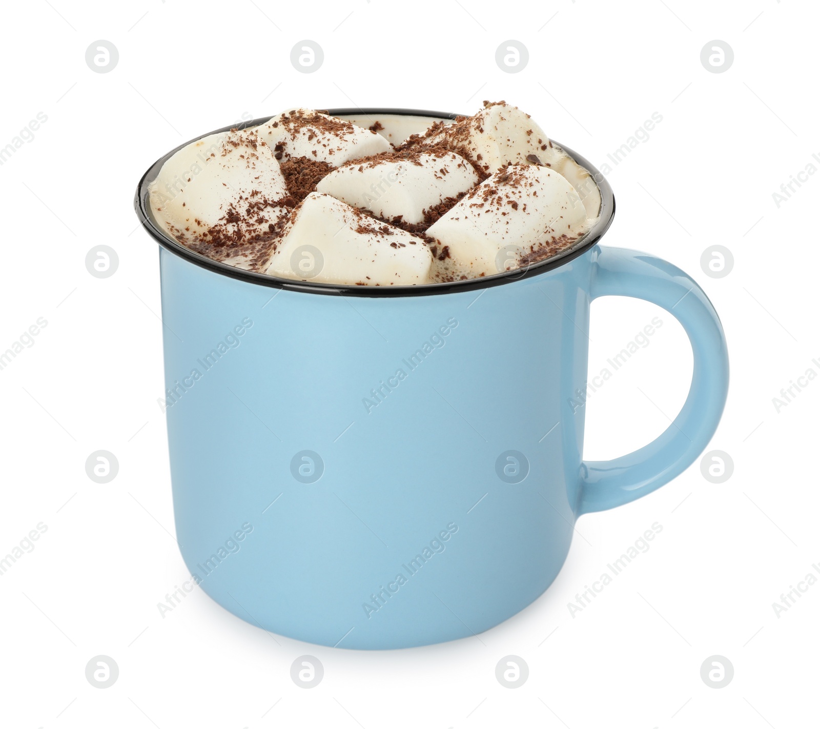 Photo of Delicious hot chocolate with marshmallows and cocoa powder in mug isolated on white