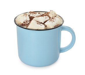 Photo of Delicious hot chocolate with marshmallows and cocoa powder in mug isolated on white