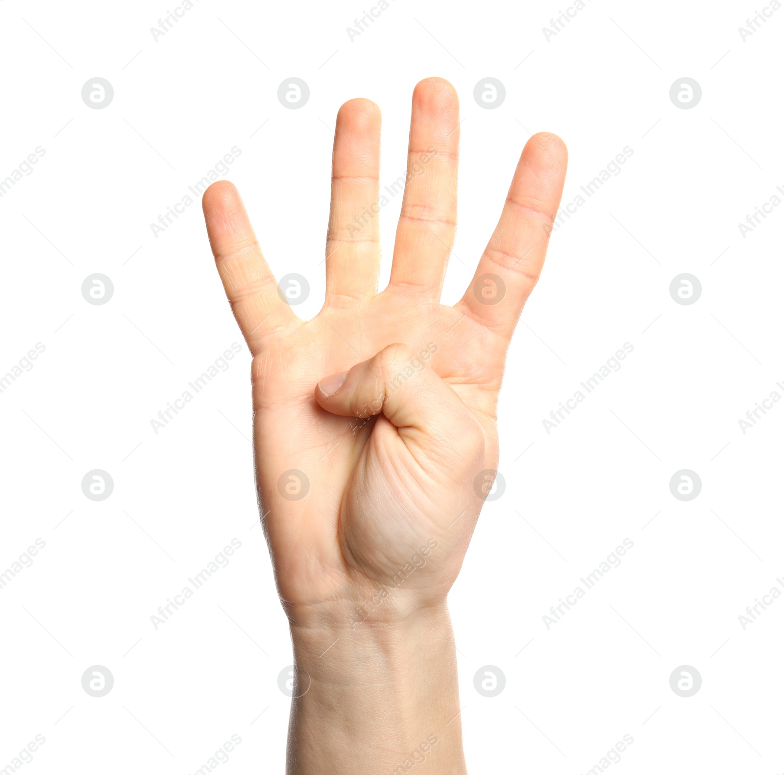 Photo of Man showing number four on white background, closeup. Sign language